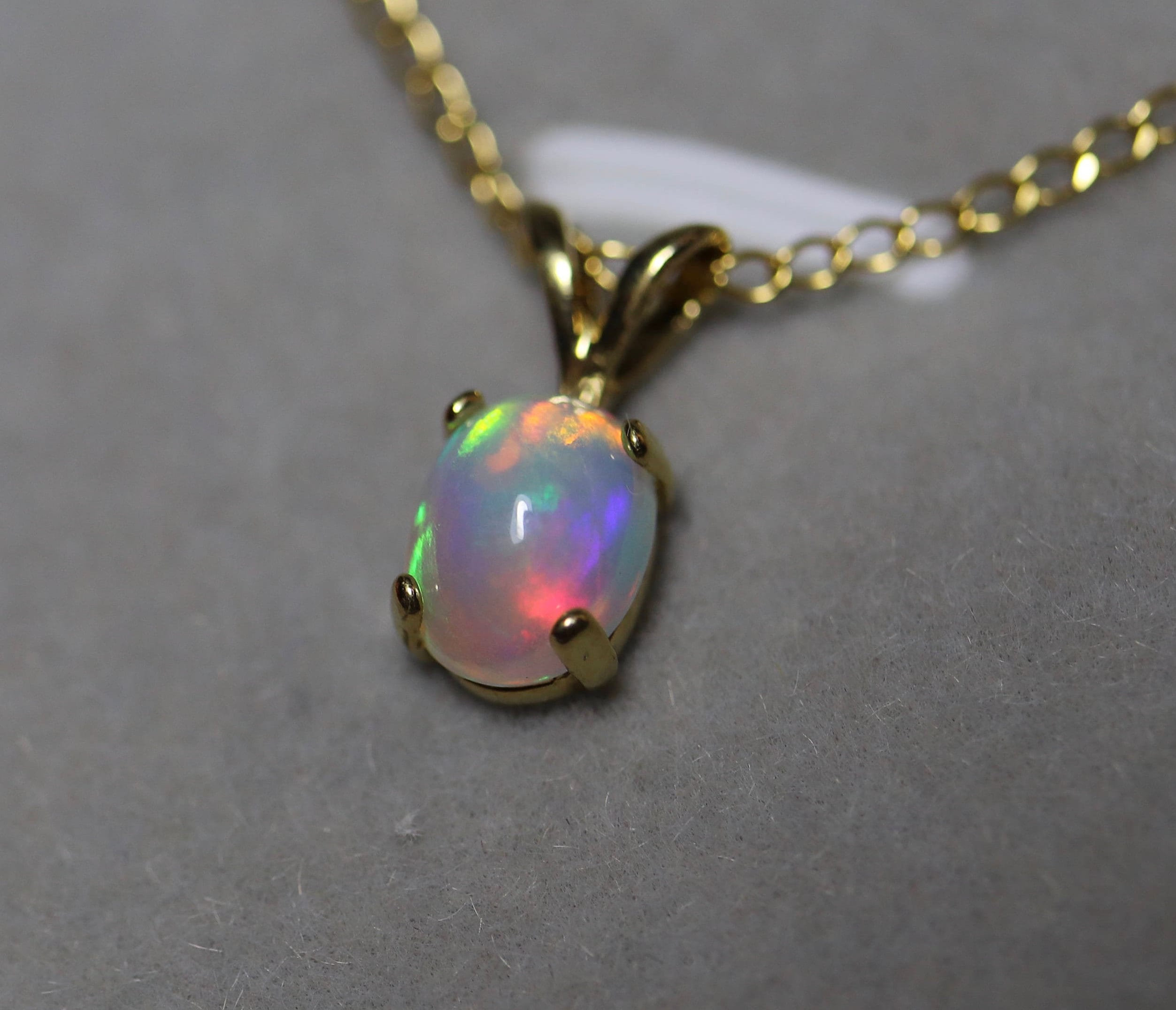 14k gold pendant, Gold opal necklace, white opal cabochon, rainbow ...