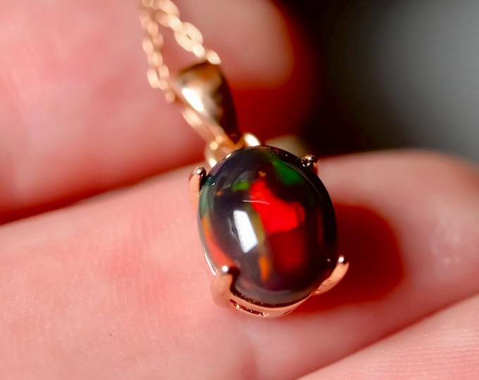 Black Opal Necklace handmade with a natural black fire opal raw stone/Fire opal pendant 14k gold/Simple gold necklace/birthstone jewelry/