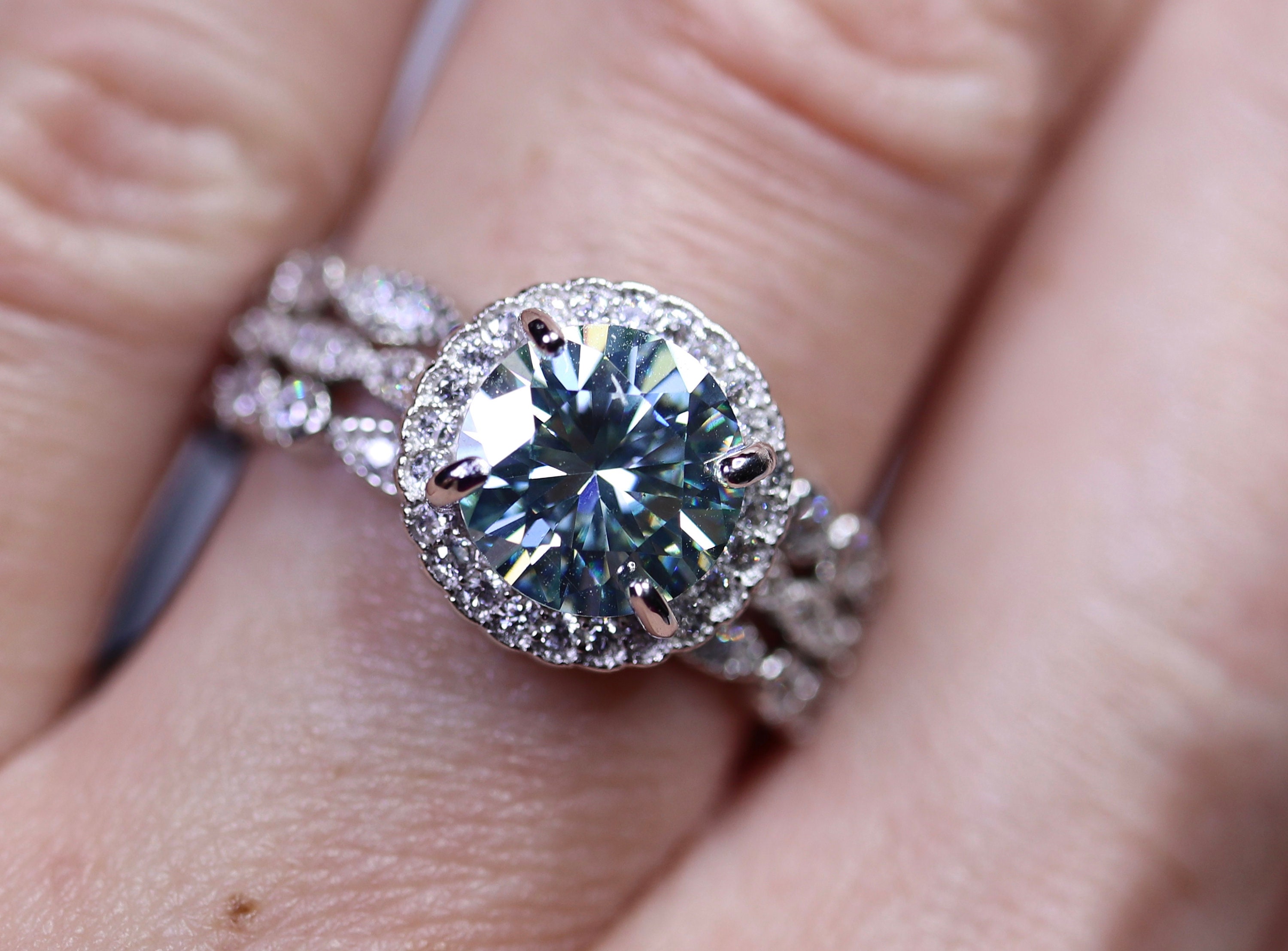 Blue moissanite halo wedding ring silver moissanite ring Etsy