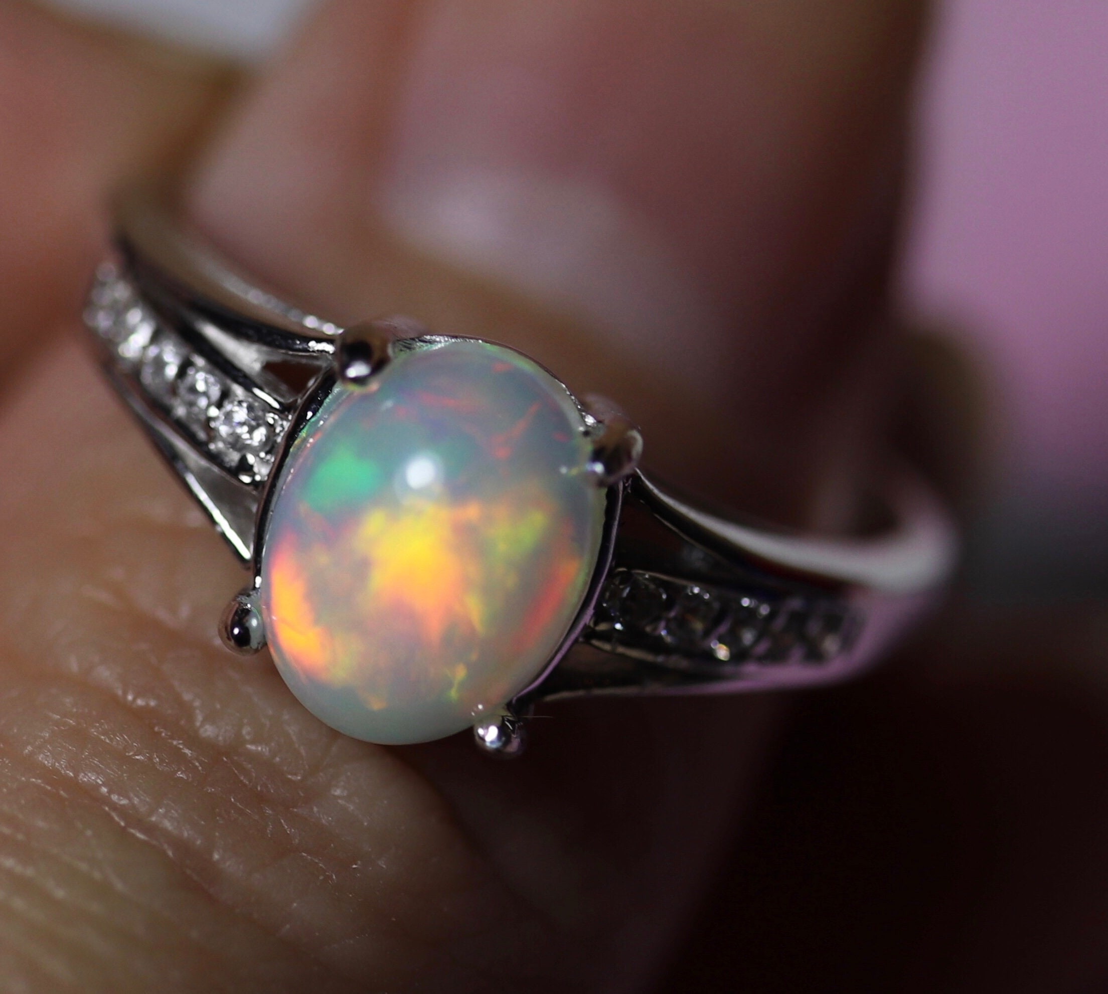 Rainbow opal ring, white opal ring, natural fire opal, opal engagement ...