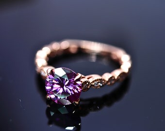 Rose gold Art deco Moissanite Engagement ring - purple moissanite ring set with an optional Half eternity diamond wedding band, bridal set