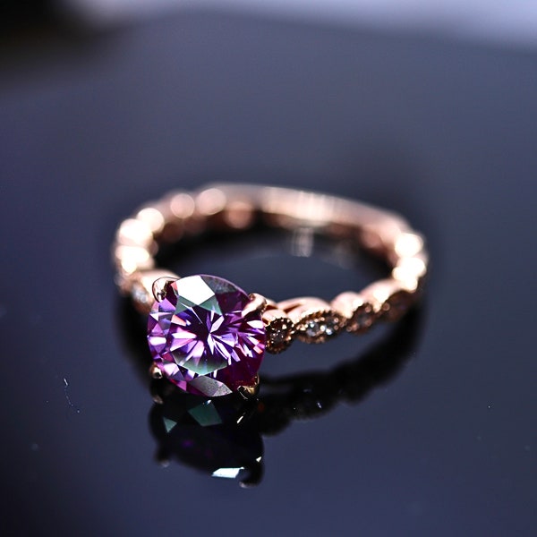 Purple Moissanite Engagement Ring- Art Deco Solid Gold Wedding Ring set - Diamond bridal ring set in 14k rose gold vintage style,