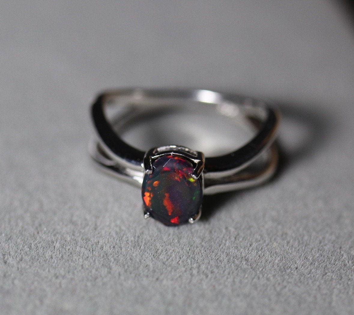 VIVID RED natural black fire opal ring, genuine black opal ring, silver