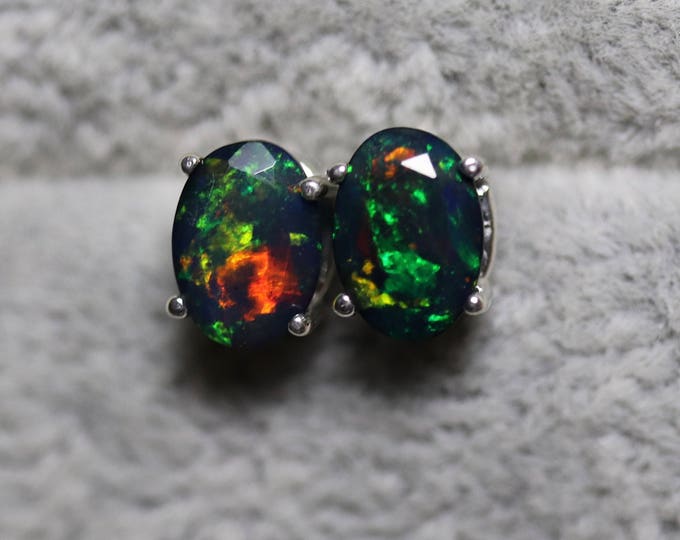 Black opal studs, black fire opal, opal jewelry, anniversary gift, natural opal earrings, opal studs, dainty earrings, fire opal studs