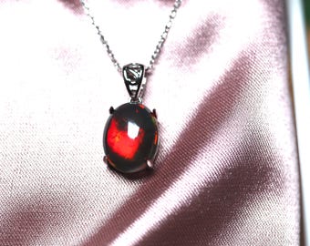 Black Opal Necklace in 14k white gold handmade with Ethiopian fire opal large stone/raw stone necklace/red fire opal/Opal birthstone gift