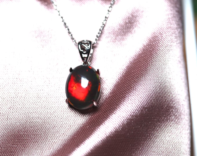 Black Opal Necklace in 14k white gold handmade with Ethiopian fire opal large stone/raw stone necklace/red fire opal/Opal birthstone gift