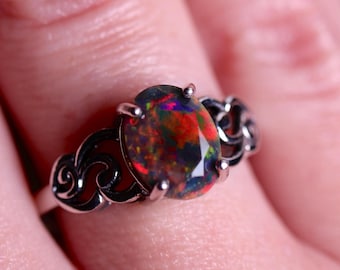 Vintage Opal Ring Handmade With Genuine Black Opal Stone/Black Fire Opal Ring/Statement Ring/Victorian Ring Opal/Fire Opal Ring/black opal