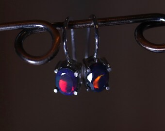 Black Opal Drop Earrings/Opal Silver Earrings handmade with natural pair of black opals in 7x5mm/ Black Opal Jewelry, anniversary gift