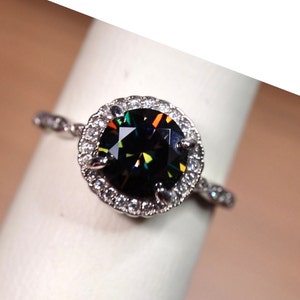 Black moissanite ring, silver engagement style, halo bridal set, white gold plated finish, 925 sterling silver, Simulated diamonds