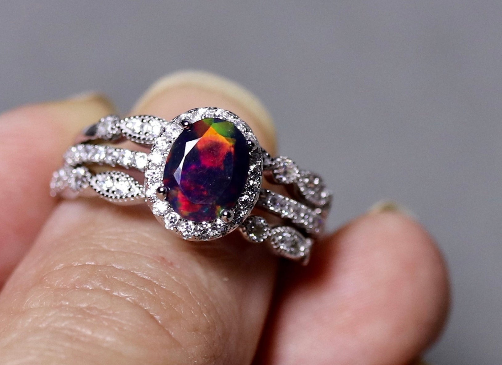 Black opal ring, opal bridal set, genuine black opal, opal