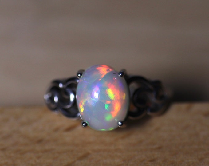 Ethiopian Fire Opal Ring, Natural Opal Jewelry, Genuine Opal Silver Ring with Rainbow Fire, Vintage Opal Ring, Gift for Her, victorian style