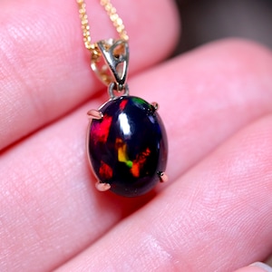 Genuine Black Fire Opal Necklace in 14k Gold - 3ct Real Opal Pendant Handcrafted with Natural Black Opal Gemstone - October Birthstone Gift