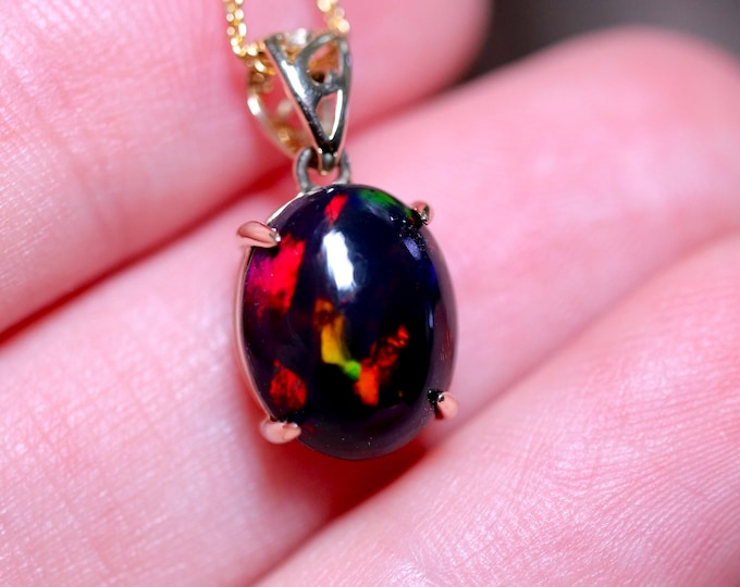 Genuine Black Fire Opal Necklace in 14k Gold - 3ct Real Opal Pendant Handcrafted with Natural Black Opal Gemstone - October Birthstone Gift