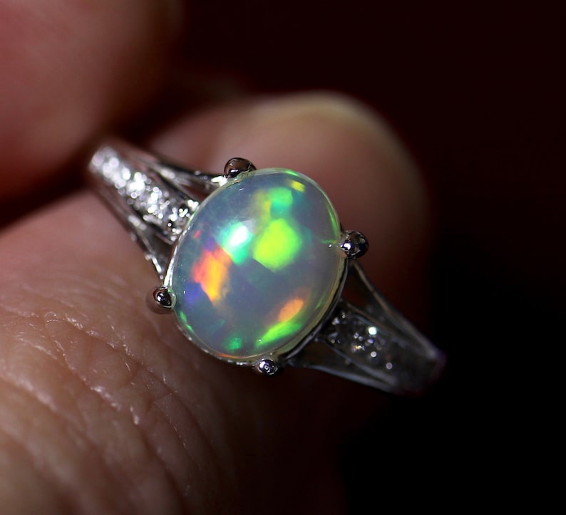 Glowing green fire opal ring anniversary gift custom wedding ring elegant opal ring original design rings silver opal engagement ring
