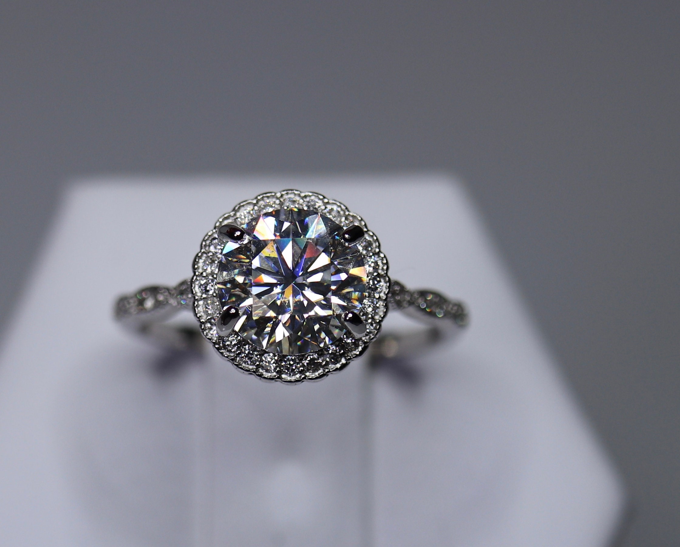 Moissanite ring, gray moissanite, engagement ring, halo moissanite ring