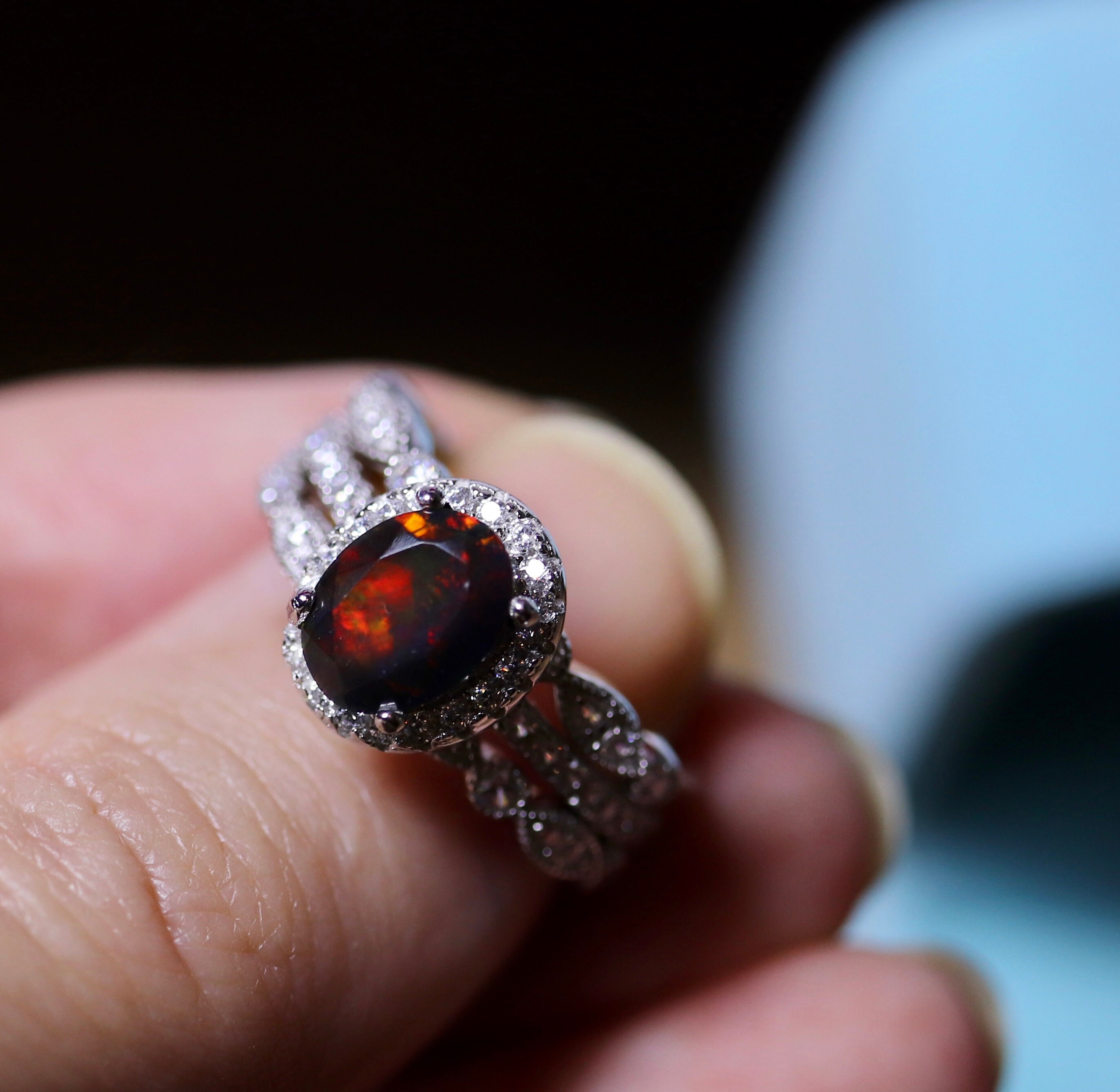 Black opal ring, opal bridal set, genuine black opal, opal