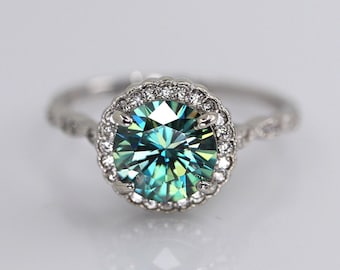 Blue moissanite Halo Engagement Ring Set, Sterling Silver Bridal set, Blue Stone Silver Wedding Ring with half eternity diamond band