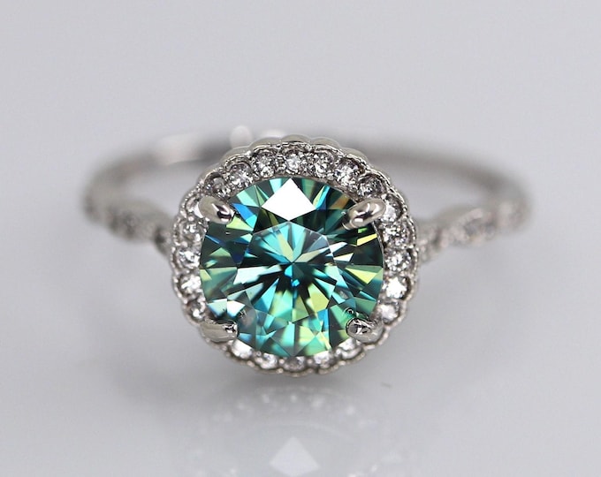 Blue moissanite Halo Engagement Ring Set, Sterling Silver Bridal set, Blue Stone Silver Wedding Ring with half eternity diamond band