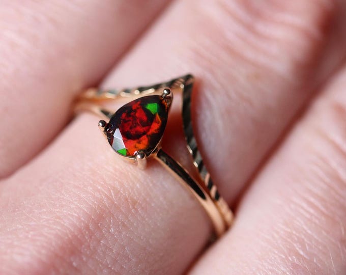 Tiny opal ring, Teardrop ring, 14k solid gold, designer jewelry, genuine opal, black opal rings, unique jewelry gift, stackable ring, opal