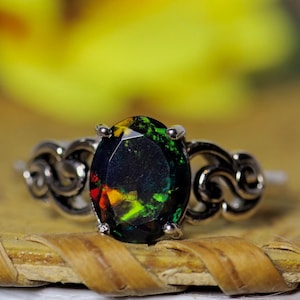 Black fire opal Vintage silver ring handcrafted with a genuine black opal oval in a unique anniversary ring/real black opal ring silver