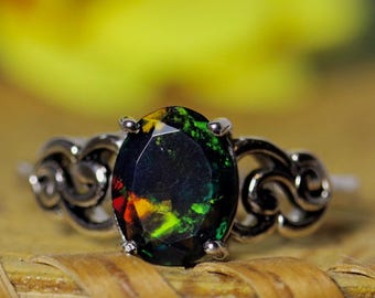 Black opal Victorian inspired Unique ring with a natural black Fire opal gemstone with red fire colors - anniversary or wedding gift idea