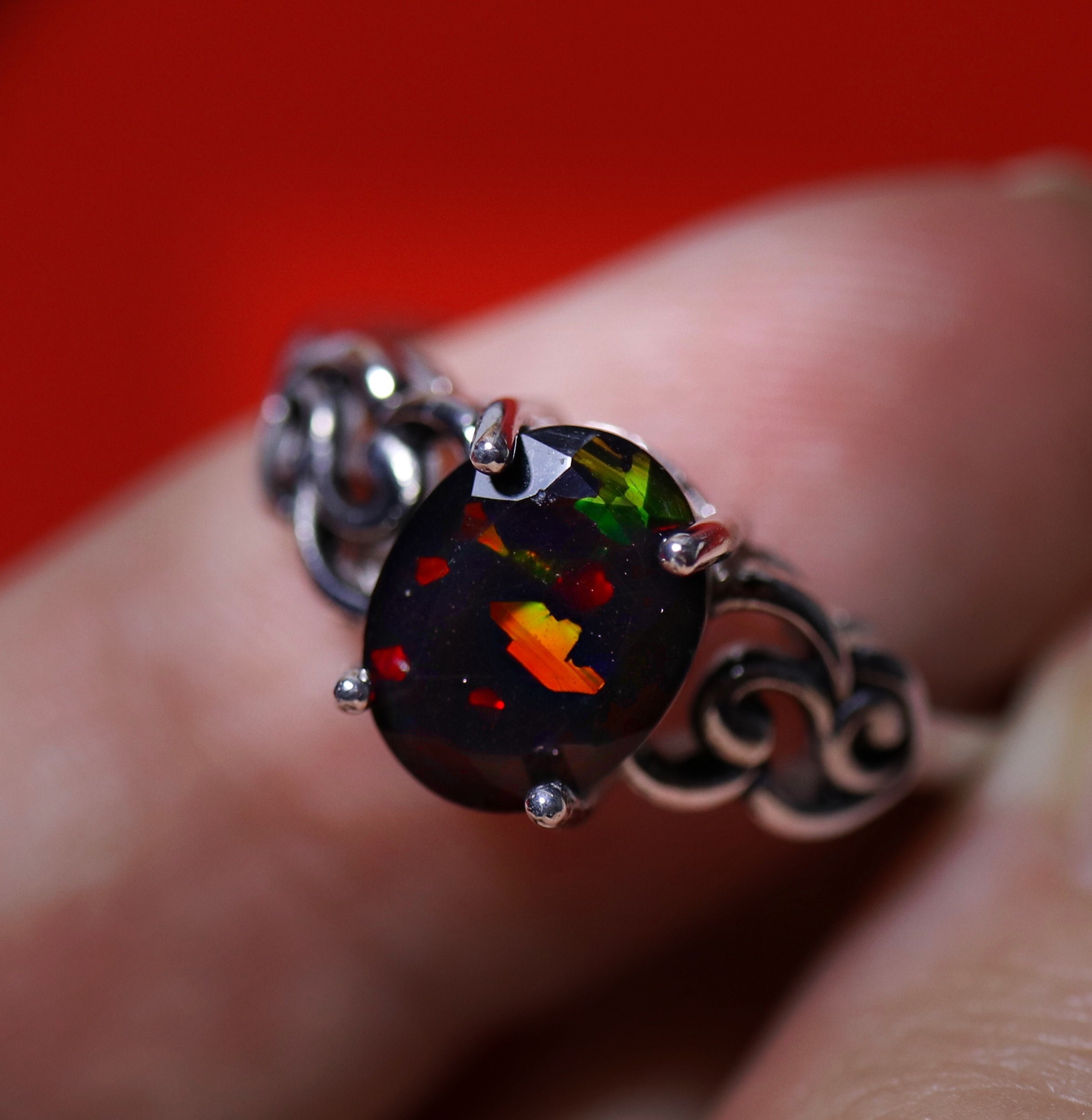 Quality Solid Sterling Silver Natural Opal Victorian Inspired Ring