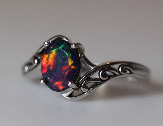 Natural black opal, fire opal ring, vintage silver jewelry, unique rings, opal  jewelry, genuine opal ring, October birthstone, opal rings