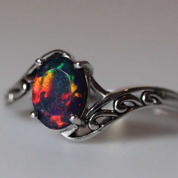 Natural black opal, fire opal ring, vintage silver jewelry, unique rings, opal jewelry, genuine opal ring, October birthstone, opal rings