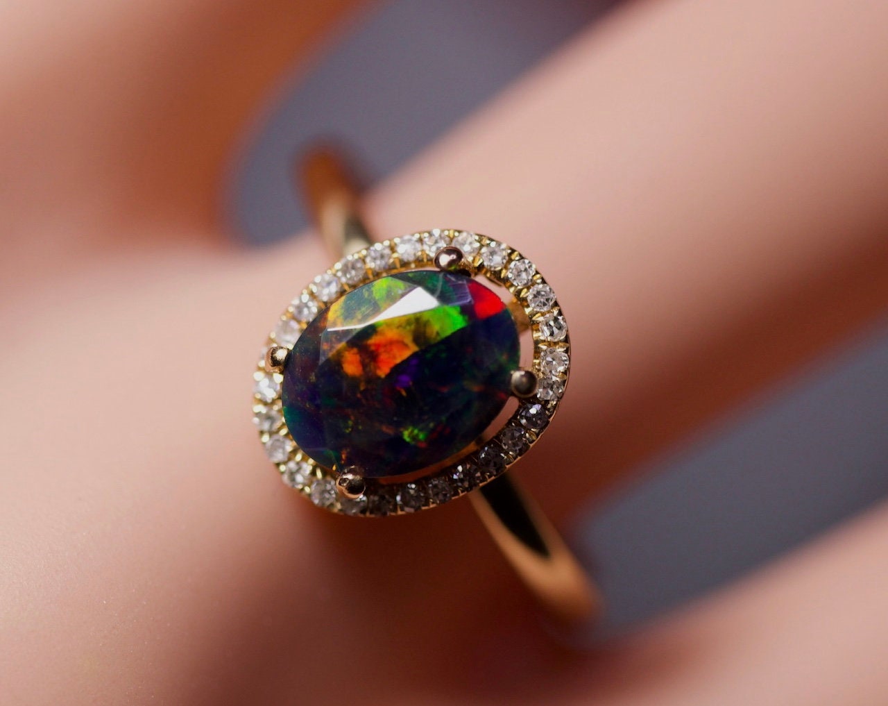 Gold opal ring, black opal ring set, halo engagement