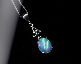 Pin fire opal, natural opal necklace, silver opal pendant, rhodium plated, galaxy opal, blue glow, rare gemstone, anniversary gift, opal
