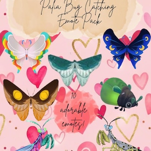 Könnte beinhalten: Ein rosa Hintergrund mit Insekten- und Schmetterlings-Emotes. Der Text lautet "Taty's Emotes" und "Palia Bug Catching Emote Pack". Es gibt 10 entzückende Emotes, darunter Schmetterlinge, Käfer und eine Gottesanbeterin. Das Bild ist 112x112 px groß.