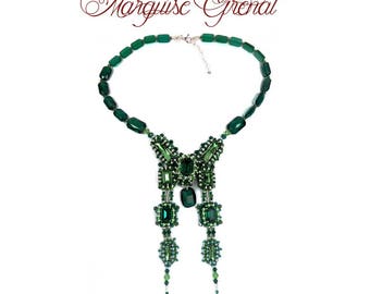 Collier original brodé créateur vert émeraude en cristal Swarovski et en argent