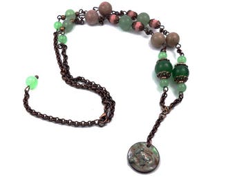 Retro boho copper green pink necklace fine stones jade rhodonite aventurine brass