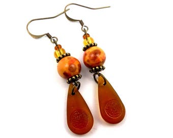 Mustard yellow orange topaz bronze earrings, drops, brass glass, ceramic