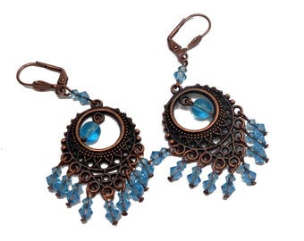 Boucles d'oreilles dormeuses bohème chic perles cristal bleu aquamarine laiton cuivré