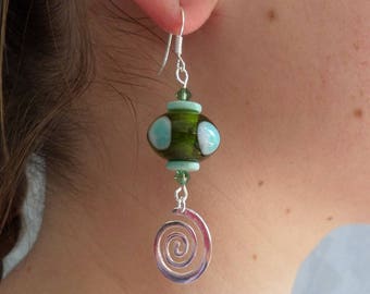Boucles d'oreilles en argent, bleu turquoise vert olivine, spirales, modernes