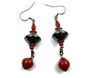 Earrings creator boho red khaki ceramic glass brass