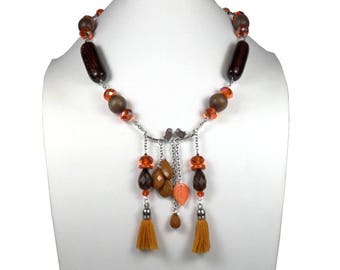 Boho designer necklace brown orange silver bird pompoms