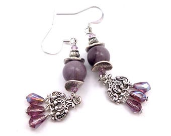 Silver mauve earrings, jasper, glass, crystal, brass, retro boho