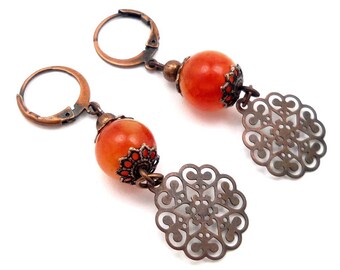 Boucles d'oreilles dormeuses, jade orange, pierre de gemme, laiton cuivré, rétro chic