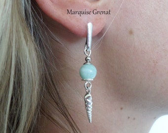 Silver shell dangling earrings with larimar gemstone beads