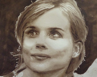 Portrait Isabelle Carré, peinture aquarelle originale, couleur sépia, actrice française de cinéma