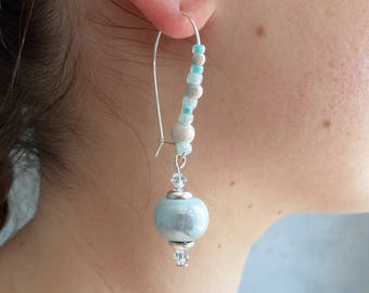 Boucles d'oreilles en argent bleu clair perles en céramique cristal Swarovski modernes chics