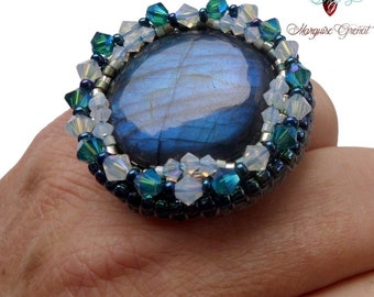 Large round designer ring blue labradorite embroidered adjustable silver ring