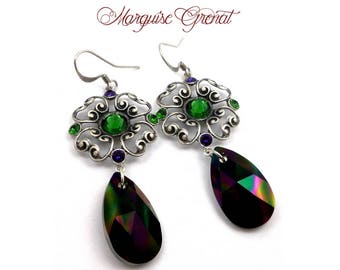 Boucles d'oreilles fleurs gouttes en cristal vert violet laiton argenté antique