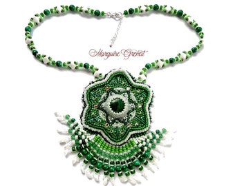 Designer necklace embroidered ethnic mandala fringed green white in silver malachite and aventurine gems