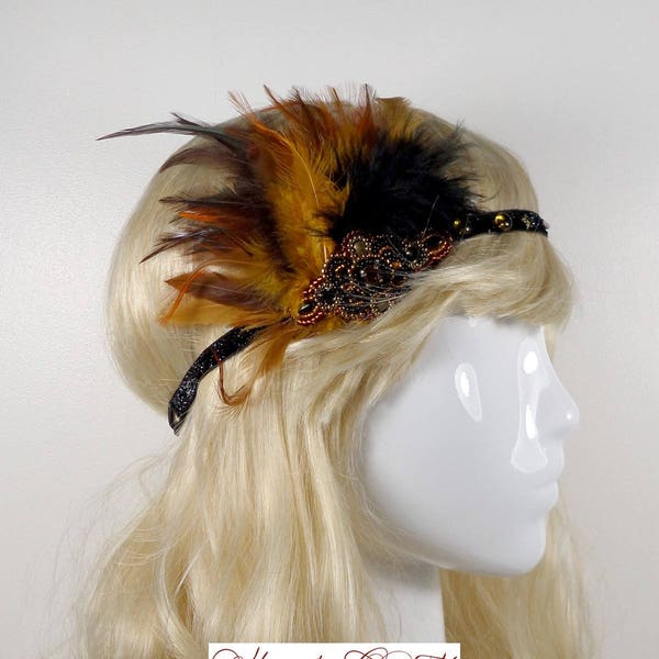 Headband créateur brodé noir topaze et bronze en cristal Swarovski, plumes