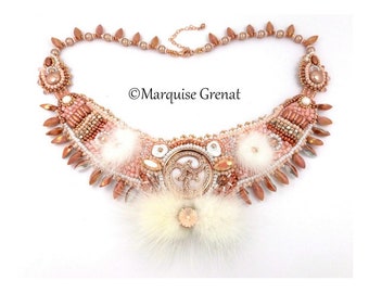 Designer necklace bib embroidered rose gold white Swarovski crystal fur