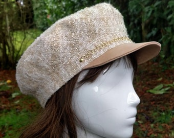 Casquette femme écru beige or en tweed et cuir