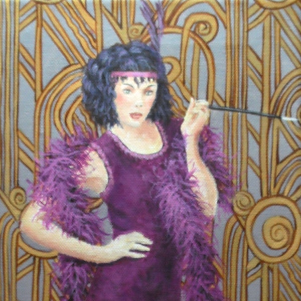 Peinture à l'acrylique portrait jeune femme rétro années folles violet marron miss nicotine